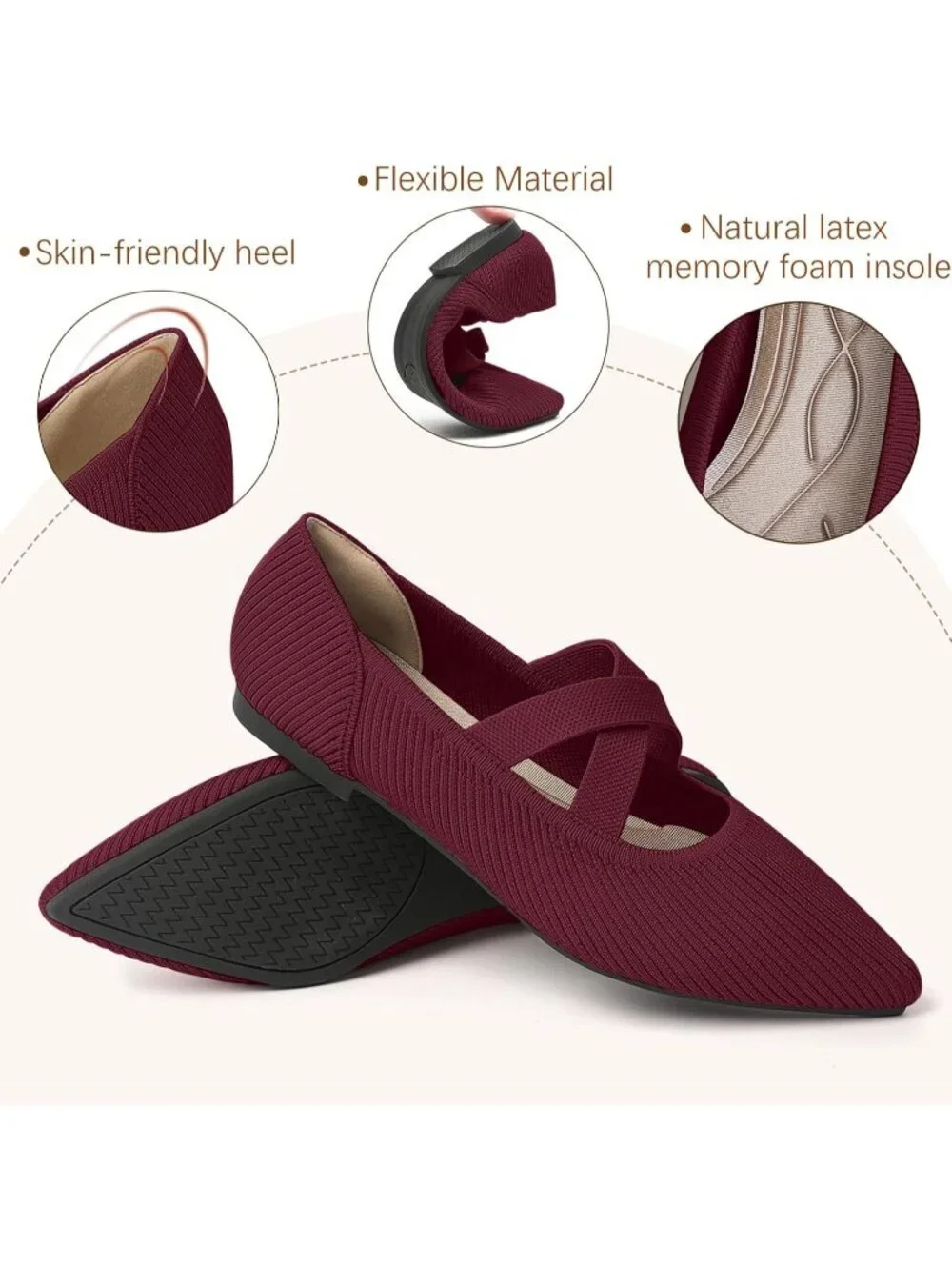 Women's Red Knit Mary Jane Flats Pointed Toe Comfortable Slip On Dressy Shoes